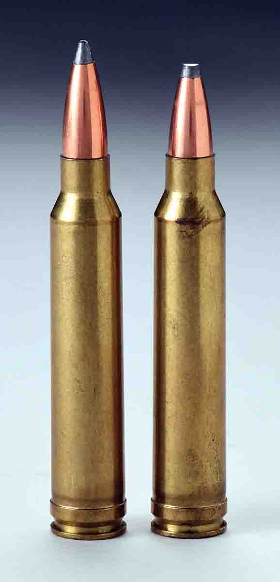 The bullet in the .300 Winchester Magnum cartridge at right has a flattened lead tip and has been pushed deeper inside the case. Severely flattened tips are usually caused by leaving a round in the bottom of a magazine box while the rifle is fired repeatedly.